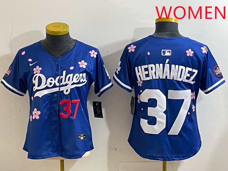 Women Los Angeles Dodgers #37 Hernandez Blue Sakura Edition 2025 Nike MLB Jersey style 2